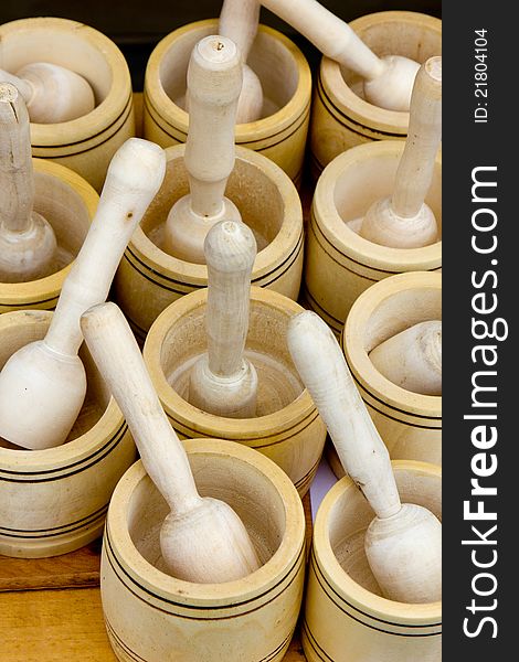 Detail of a group of wood pestles. Detail of a group of wood pestles