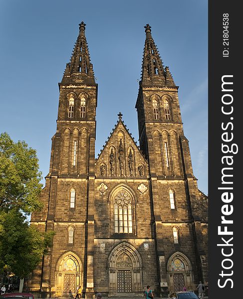 This architecture picture shows the beatuful cathedral in Vysehrad on the little hill in the city center of Prague (Praha)