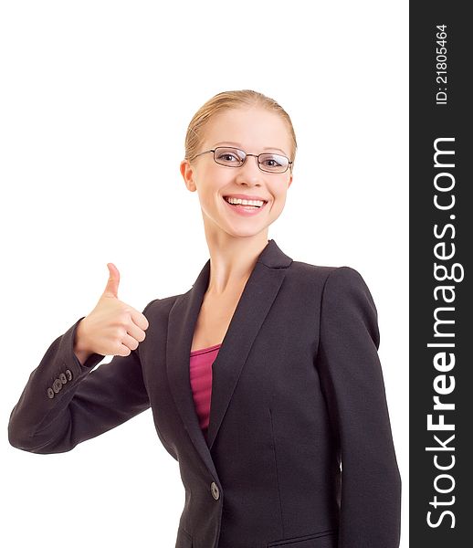 Young business woman With Thumb Up on  a white background