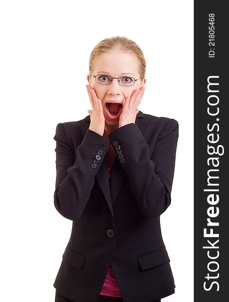 Portrait of beautiful young business woman with surprised expression on white background. Portrait of beautiful young business woman with surprised expression on white background