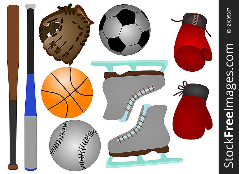 A set of different sports toys and equipments. A set of different sports toys and equipments