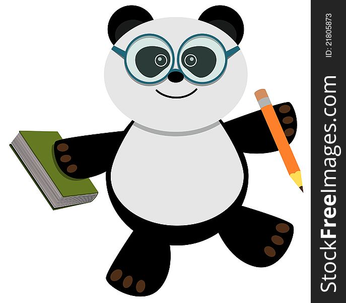 Cute cartoon panda with a pencil and a book, wearing eyeglasses. Cute cartoon panda with a pencil and a book, wearing eyeglasses