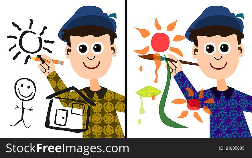 A set of two artist work, illustration one consists of a young male illustrator making a drawing, and illustration two consists of a painter and his flower design. A set of two artist work, illustration one consists of a young male illustrator making a drawing, and illustration two consists of a painter and his flower design