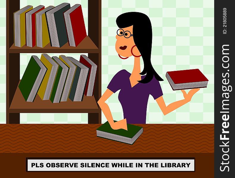 Cartoon illustration of a librarian beside a book shelf