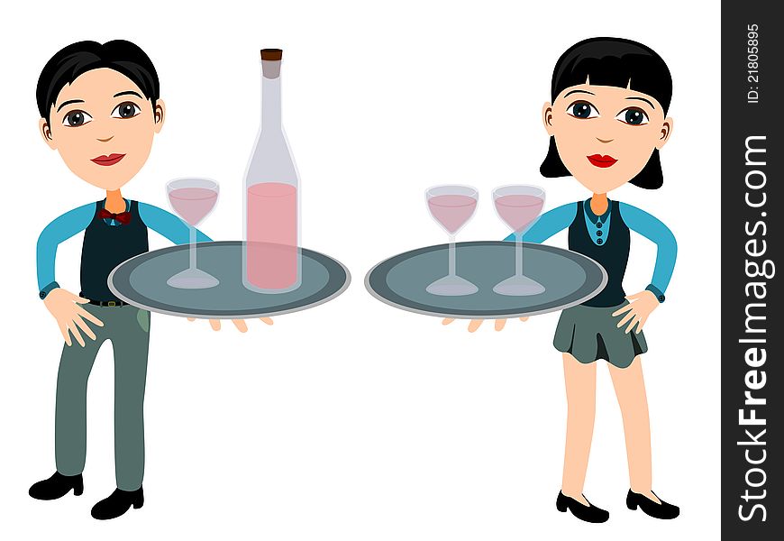 Illustration of a waiter and waitress serving wine