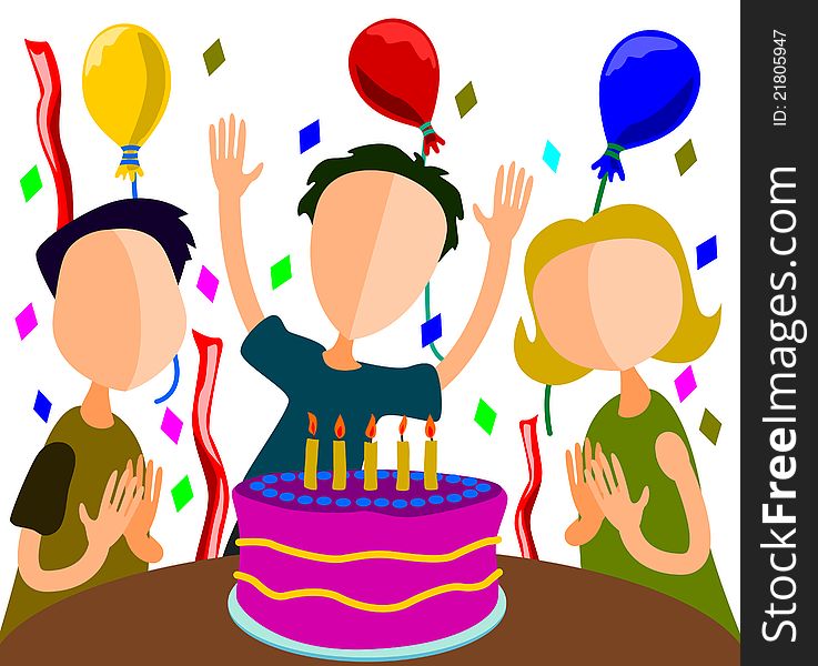 Group of abstract characters with a birthday cake celebrating. Group of abstract characters with a birthday cake celebrating