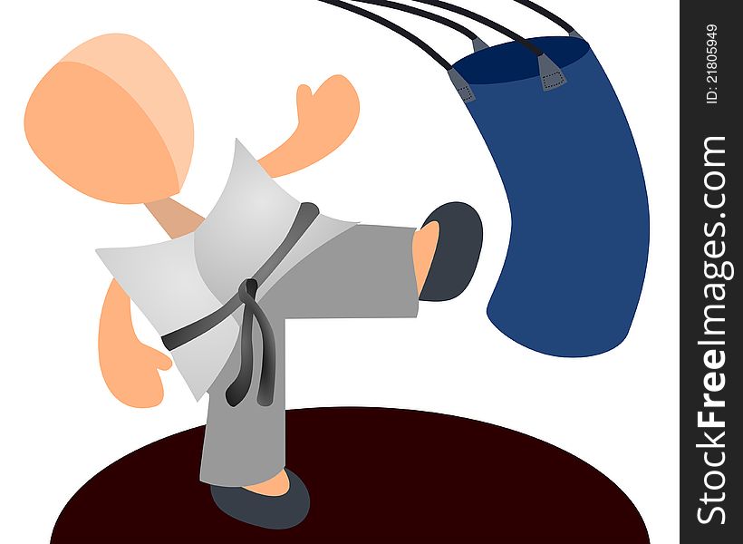 An abstract character in karate uniform and kicking a punching bag
