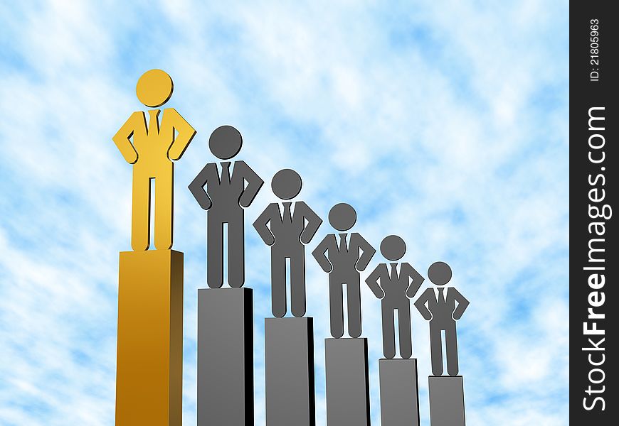 Group of man icons each one is standing on a business bar graph, a gold man icon standing on the highest bar. Group of man icons each one is standing on a business bar graph, a gold man icon standing on the highest bar