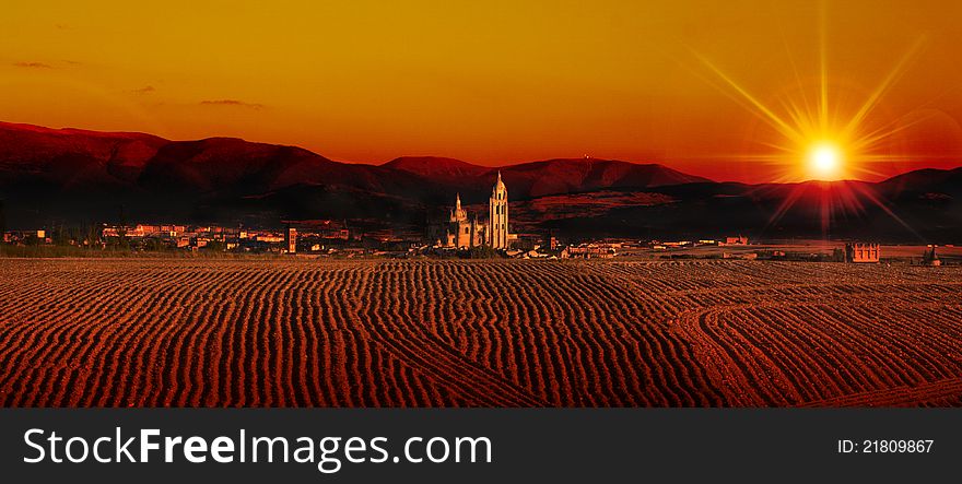 Panoramic photography with segovia sunset.