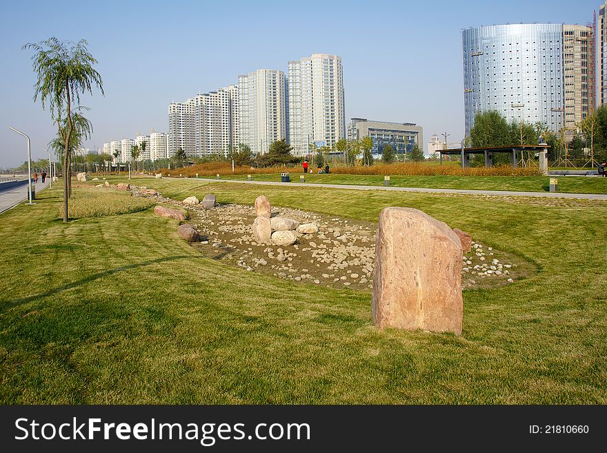 Some big stones are on park lawn