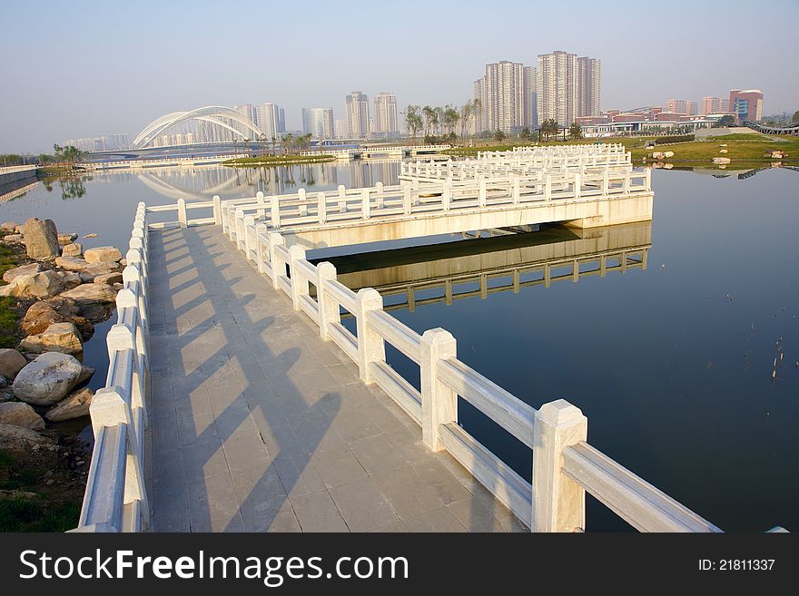 The walking bridge across the river