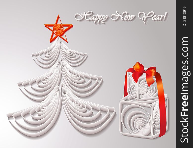 Paper Christmas tree with gifts in quilling style