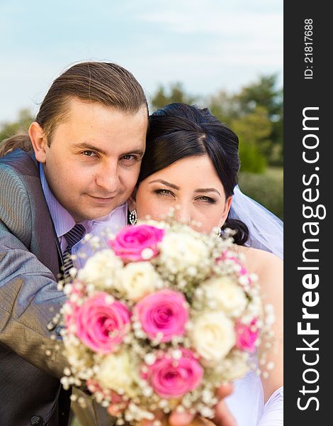 Happy bride and groom outdoor