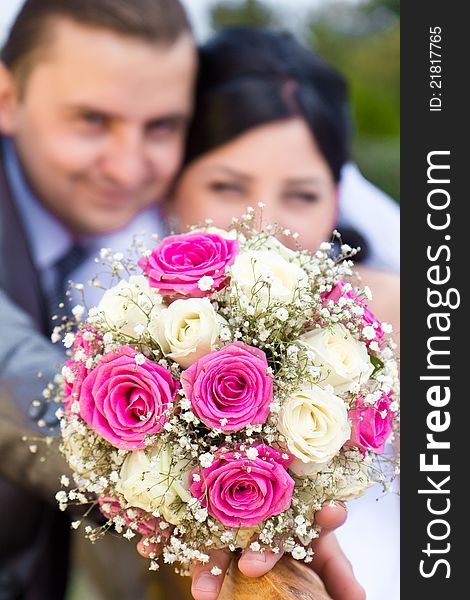 Happy bride and groom outdoor