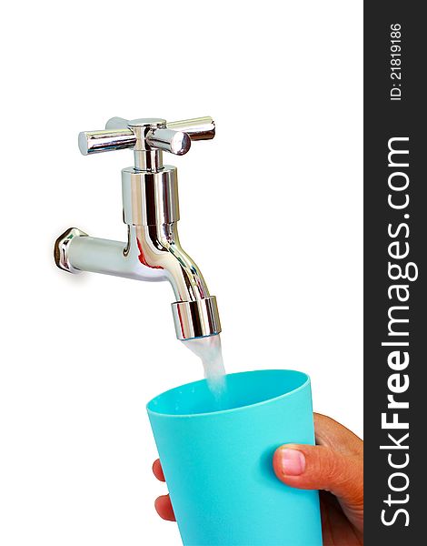 Clean water flows from the faucet chrome Into a plastic cup. Woman holding hands. Clean water flows from the faucet chrome Into a plastic cup. Woman holding hands