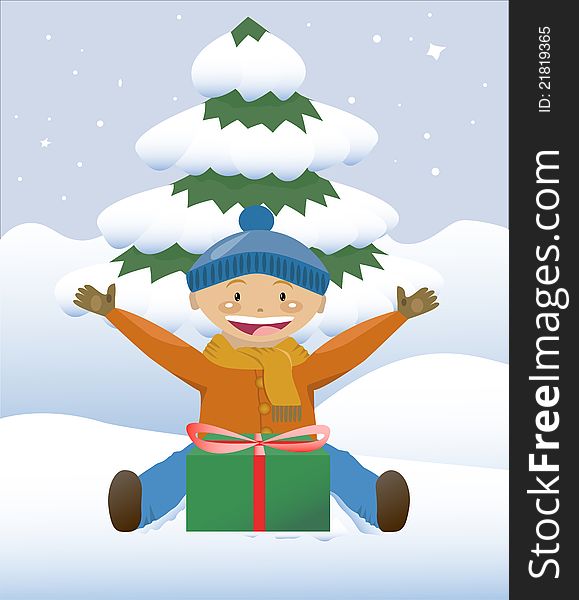Vector illustration of little boy sitting at the snow with a christmas gift on the background of tree. Vector illustration of little boy sitting at the snow with a christmas gift on the background of tree