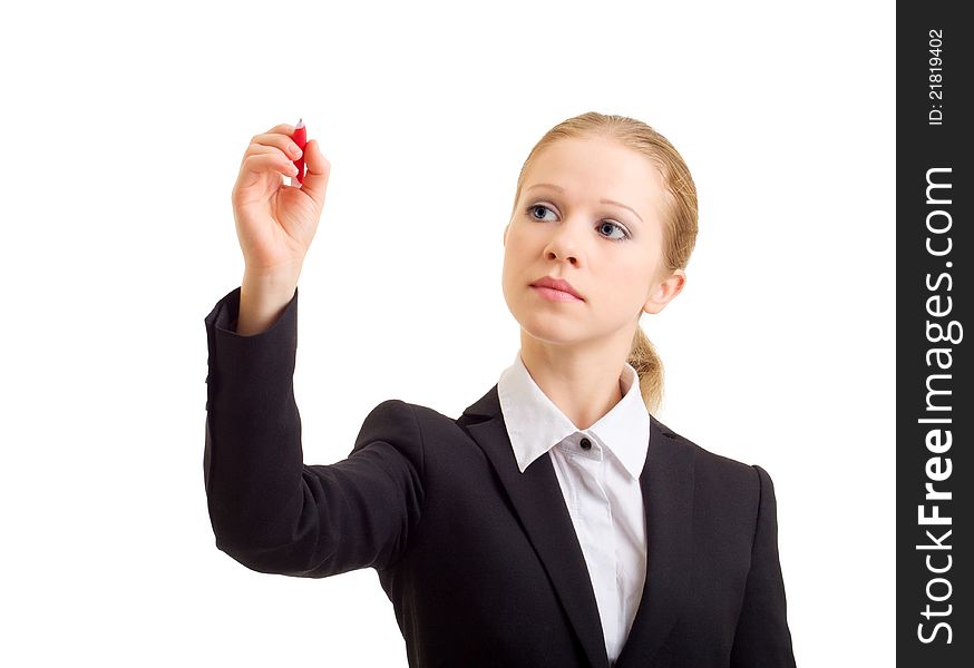 Young business woman draw with marker isolated