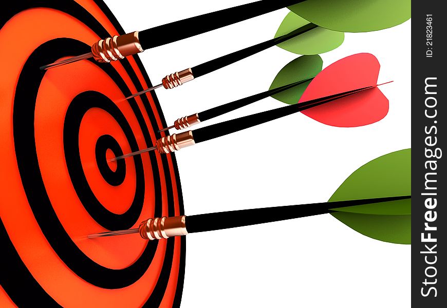 Dart hitting the target isolated on a white background