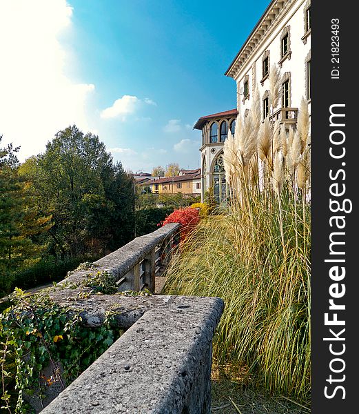 Outer corner of an ancient villa on the Adda river of Lombardy in Italy, park headquarters adda. Outer corner of an ancient villa on the Adda river of Lombardy in Italy, park headquarters adda