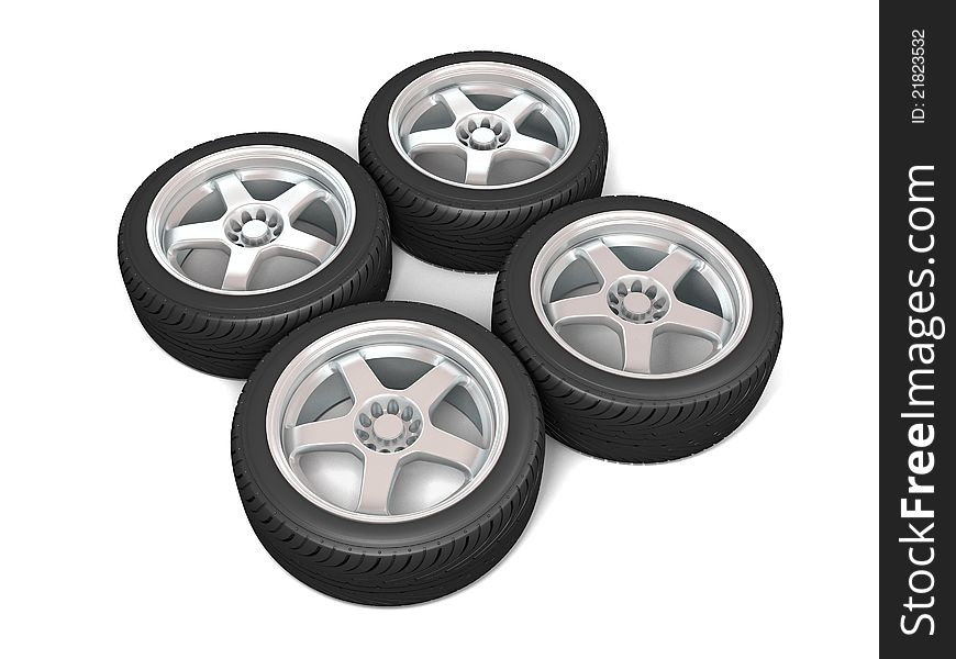 Wheels isolated on white. 3d illustration.