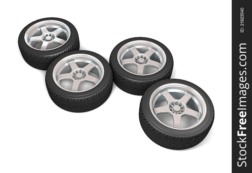 Wheels isolated on white. 3d illustration.