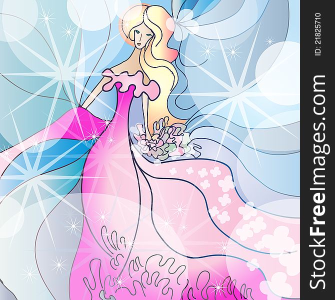 Illustration of beautiful woman in fantasy pink wedding dress with starry background. Illustration of beautiful woman in fantasy pink wedding dress with starry background