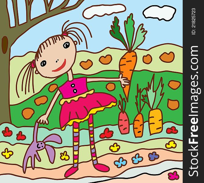 Illustration of cute small girl staiyng in the garden with carrot on one hand and rabbite toy in another. Illustration of cute small girl staiyng in the garden with carrot on one hand and rabbite toy in another