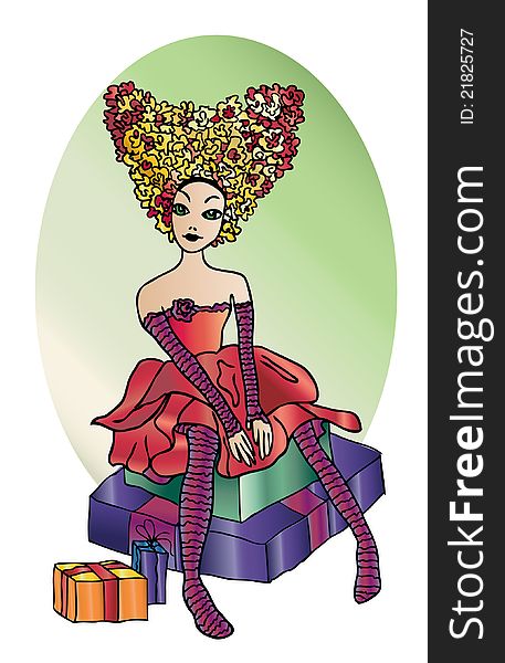 Illustration of beautiful girl sitting on the boxes of gifts in fashion dress with fantasy hair style in the shape of heart. Illustration of beautiful girl sitting on the boxes of gifts in fashion dress with fantasy hair style in the shape of heart