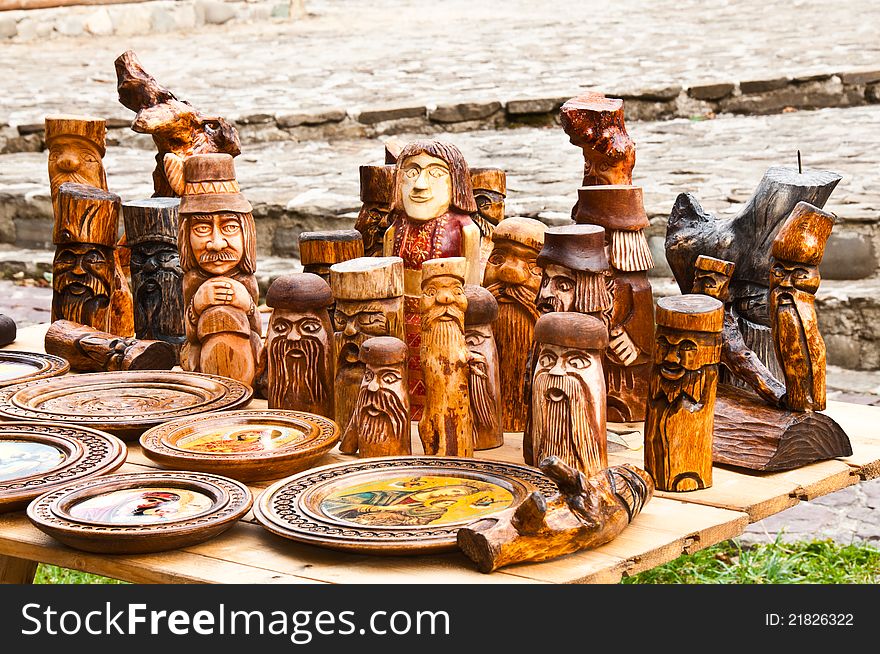 A small wooden sculptures carved by local craftsmen in the Carpathians