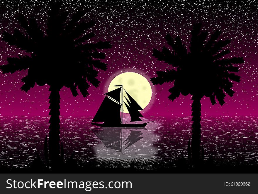 Illustration of tropical beach night. Illustration of tropical beach night