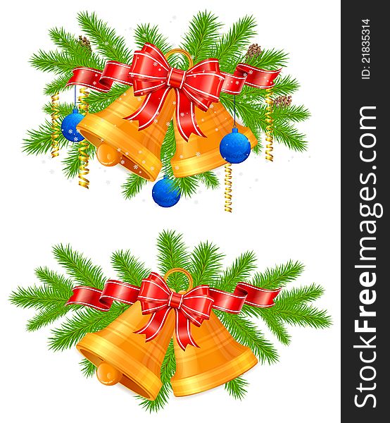 Set of festive decorations with bells, bows, ribbons and fir tree branches, vector illustration. Set of festive decorations with bells, bows, ribbons and fir tree branches, vector illustration