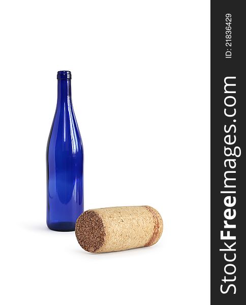 Cork lying near open empty blue bottle on white background. Cork lying near open empty blue bottle on white background