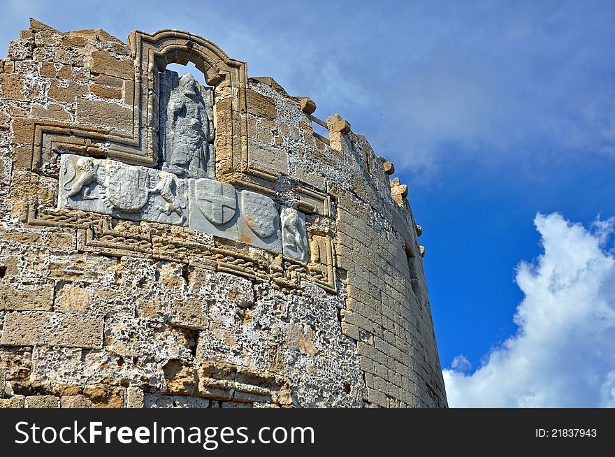 Part of the ancient cuty wall surrounding the city of Rhodes, the crests date from the time of the knights who protected the city against invasion. Part of the ancient cuty wall surrounding the city of Rhodes, the crests date from the time of the knights who protected the city against invasion