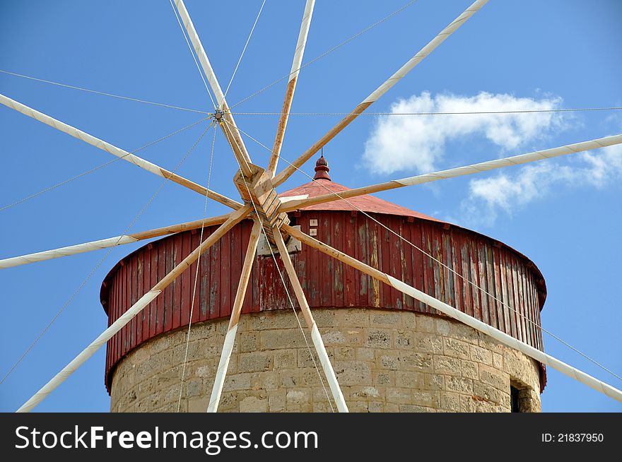 Detail of a greek windmill one of several which stand on the perimeter of rhodes harbour in greece