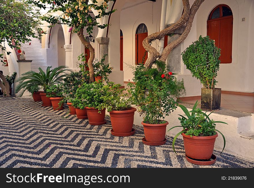 This courtyard is at the monastery of panormitis on the greek island of symi. This courtyard is at the monastery of panormitis on the greek island of symi