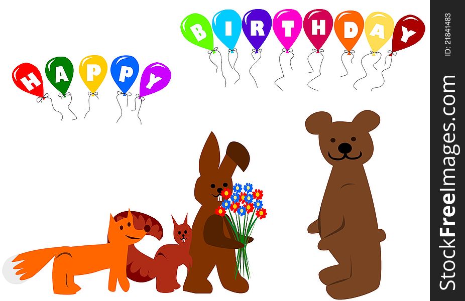 Happy birthday with animals as bunny, fox, bear and squirrel