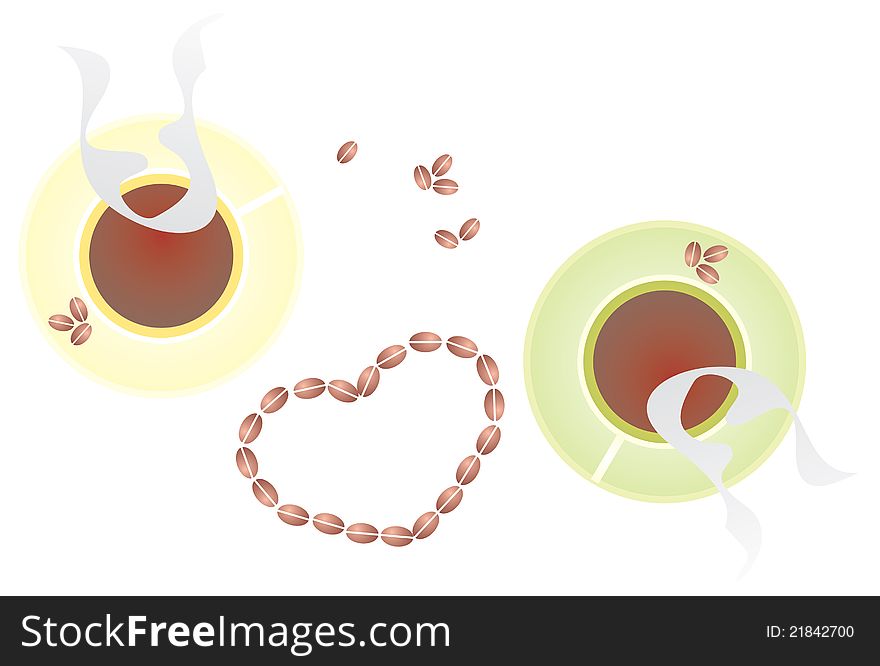 A vector illustration of two cups of coffees with heart made of coffee bean. A vector illustration of two cups of coffees with heart made of coffee bean