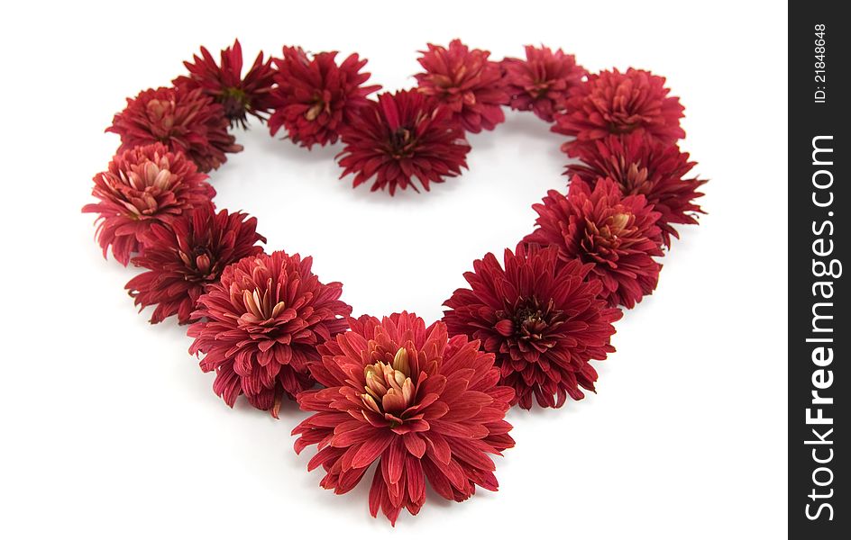 Red flowers in a shape of a heart isolated on white