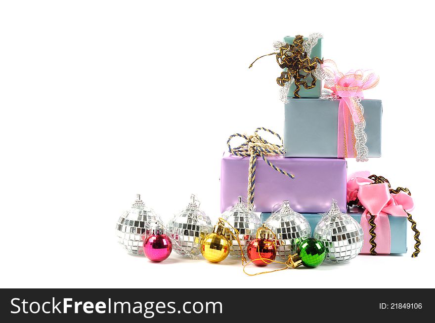 Christmas decoration  balls and gifts  boxes on a white background. Christmas decoration  balls and gifts  boxes on a white background