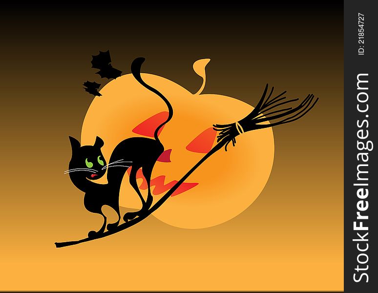 Fantastic black cat flying on her broom against the moon