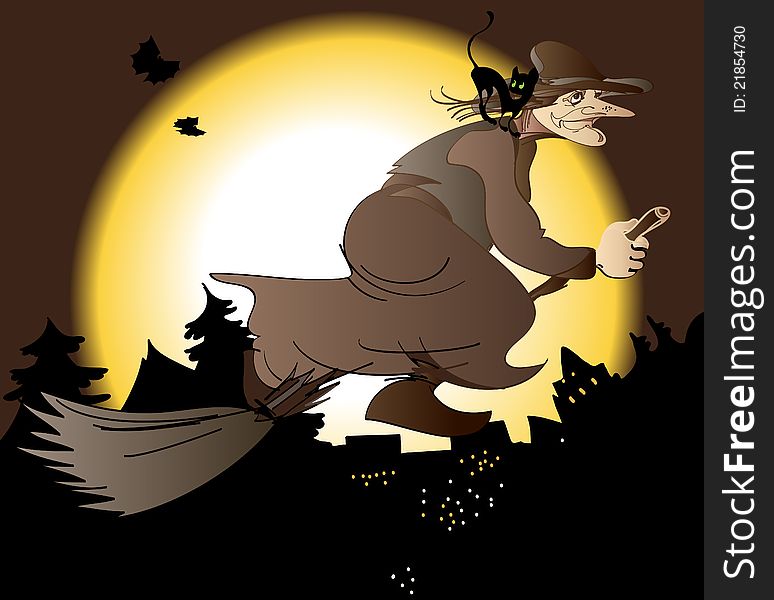 The old witch on a broomstick flying over the city at night