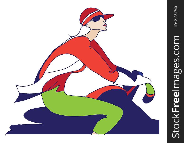 Image of the young girls - riders in bright clothes for sport bike. Image of the young girls - riders in bright clothes for sport bike