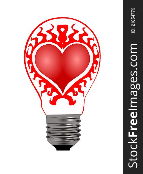 Art-illustration bulb with flame around heart. Art-illustration bulb with flame around heart
