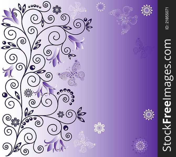 Gentle violet frame with curls, flowers and butterflies. Gentle violet frame with curls, flowers and butterflies