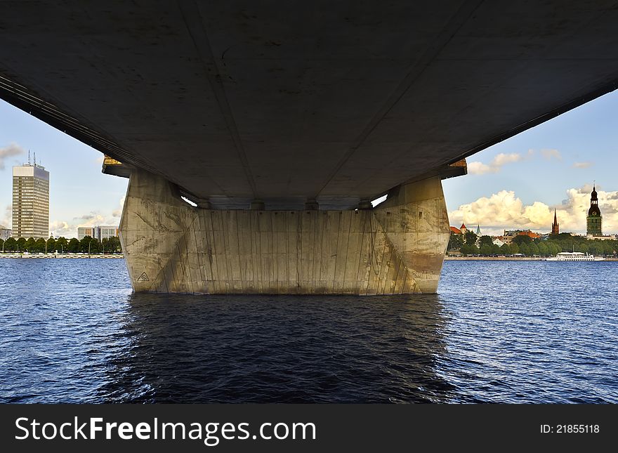 The shot was taken from the cable-braced bridge in Riga - capital of Latvian republic, Europe. The shot was taken from the cable-braced bridge in Riga - capital of Latvian republic, Europe