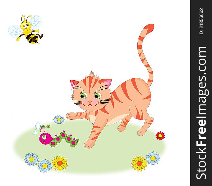 A cat trying to catch a caterpillar and an angry bee wants to help her friend. A cat trying to catch a caterpillar and an angry bee wants to help her friend