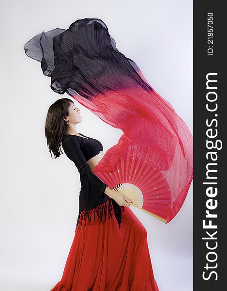 Flamanco dancer in black and red dress with fan. Flamanco dancer in black and red dress with fan