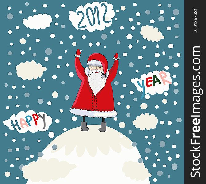 Happy cartoon Santa on a snow mountain with text 2012. Vector illustration. Happy cartoon Santa on a snow mountain with text 2012. Vector illustration