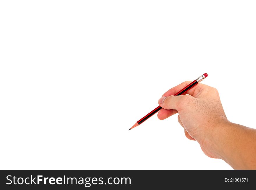 Man's hand holding pencil isolated on white