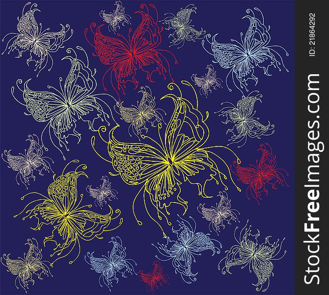 Vector illustration of beautiful coloured butterflies silhouettes at dark blue background. Vector illustration of beautiful coloured butterflies silhouettes at dark blue background